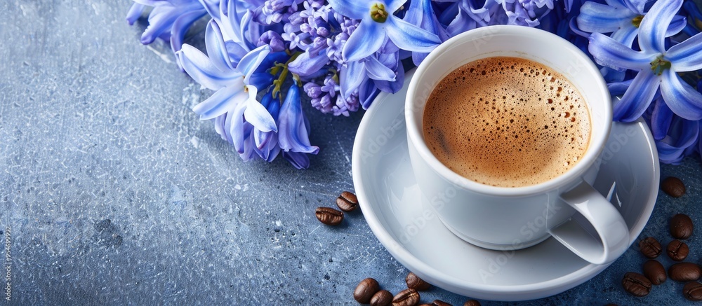 Poster Close up top view of fresh coffee in a cup with blue hyacinth flowers isolated on a white background. with copy space image. Place for adding text or design