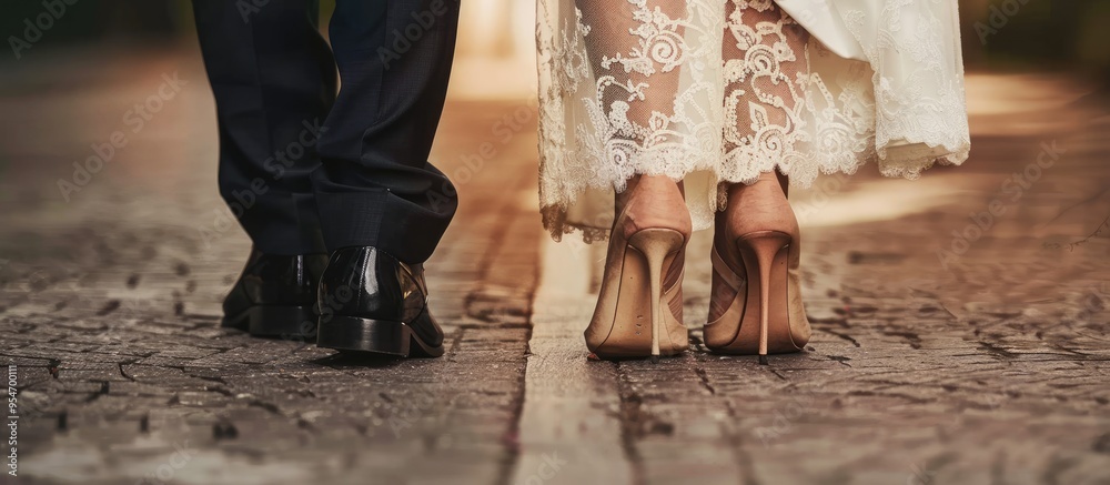 Poster close up of a faceless couple a bride and groom the bride holds onto the heel of his shoes. with cop