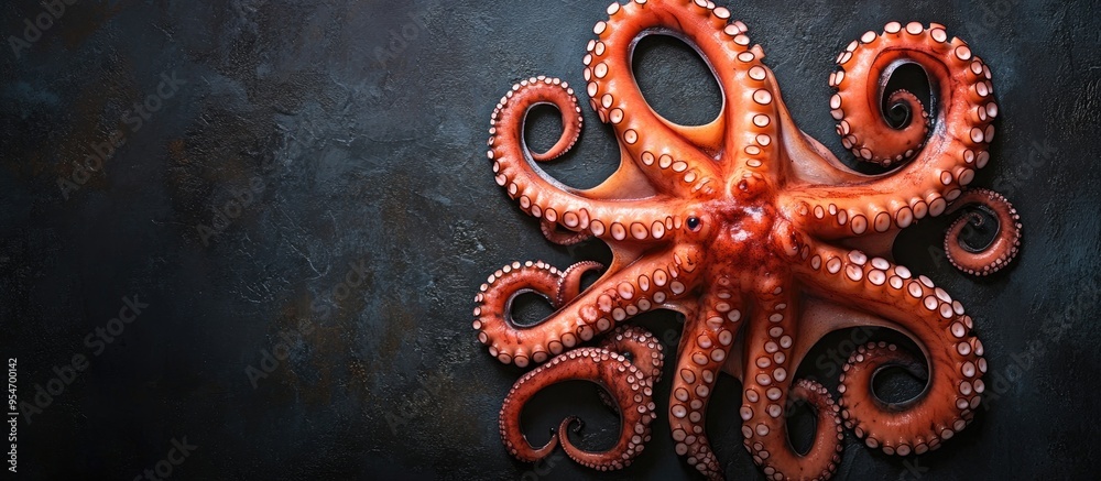 Fototapete Raw octopus Organic seafood Close up Dark background Top view. with copy space image. Place for adding text or design
