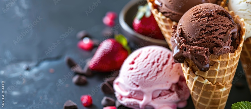 Poster A selection of ice cream scoops in cones featuring chocolate vanilla and strawberry flavors. with copy space image. Place for adding text or design