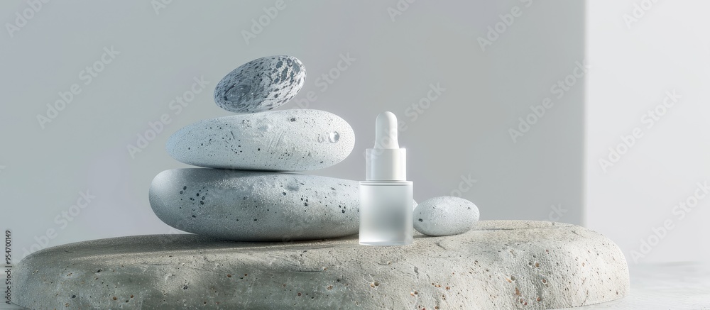 Poster glass bottles on stones against a pastel background cosmetic container mockup with space for text th