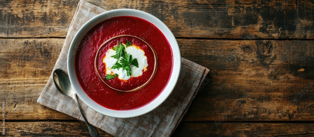 Fototapete ukrainian beetroot soup borscht placed on a napkin on a wooden surface. with copy space image. place