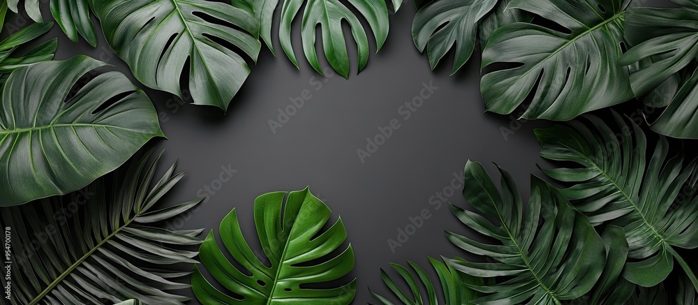 Aufkleber Creative simple background featuring tropical leaves Tropical palm leaves against a gray black backdrop Flat lay top view copyspace Summer backdrop nature Leaf design Square format