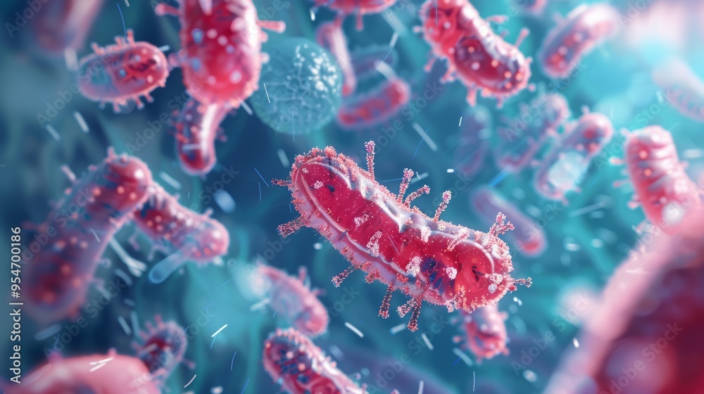 Poster a bunch of red bacteria are floating in the air