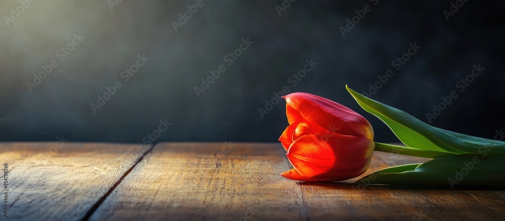 Aufkleber Beautiful tulip on a wooden table Spring ambiance. with copy space image. Place for adding text or design