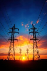 Silhouette of power lines against a vibrant sunset, showcasing the blend of nature and technology in beautiful colors.