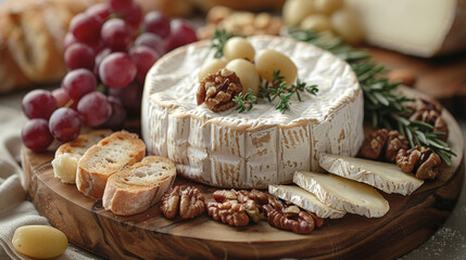 French Cheese Board with Brie, Camembert, and Roquefort, Served with Grapes, Walnuts, and Baguette Slices on a Rustic Wooden Board