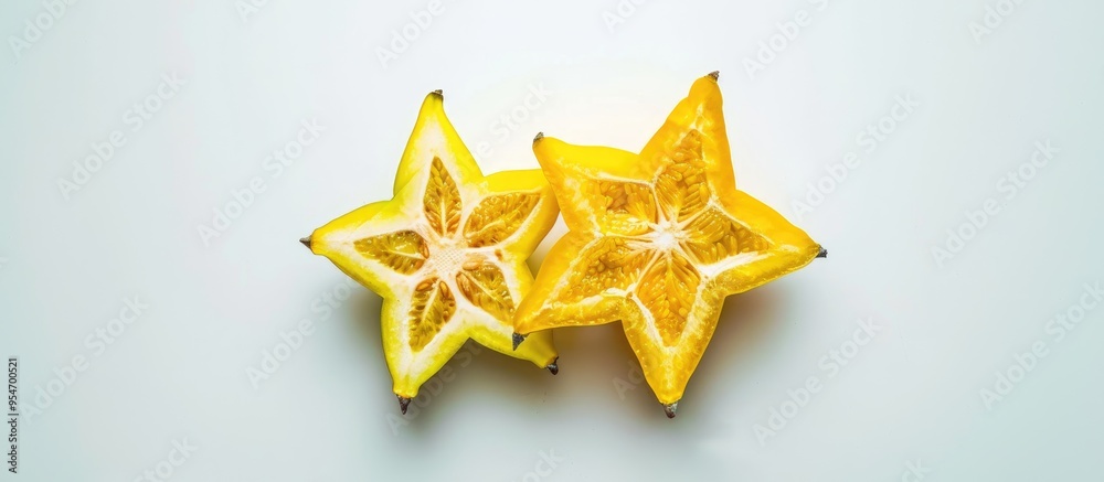 Leinwandbilder top view of star fruits on a white background with yellow watercolor. with copy space image. place f