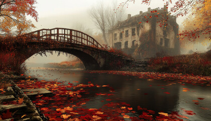 A serene, misty autumn scene featuring a rustic bridge over a river, with a dilapidated house surrounded by colorful leaves.
