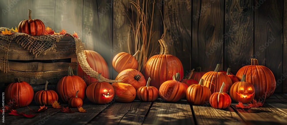 Fototapete a variety of small pumpkins on a dark background next to a lit lantern. with copy space image. place