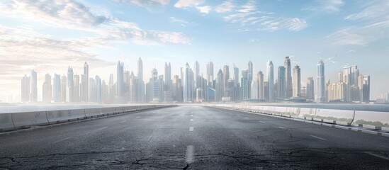 Panoramic city skyline and structures with an unoccupied road. with copy space image. Place for adding text or design