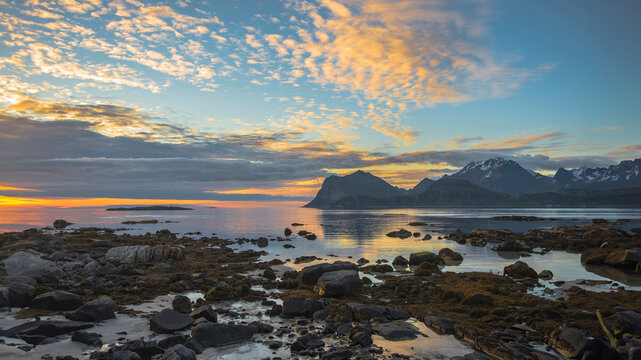 Coastal landscape at sunset, Stor Sandnes, Flakstad, Lofoten, Lofoten and Vesteral Islands, Nordland, Norway