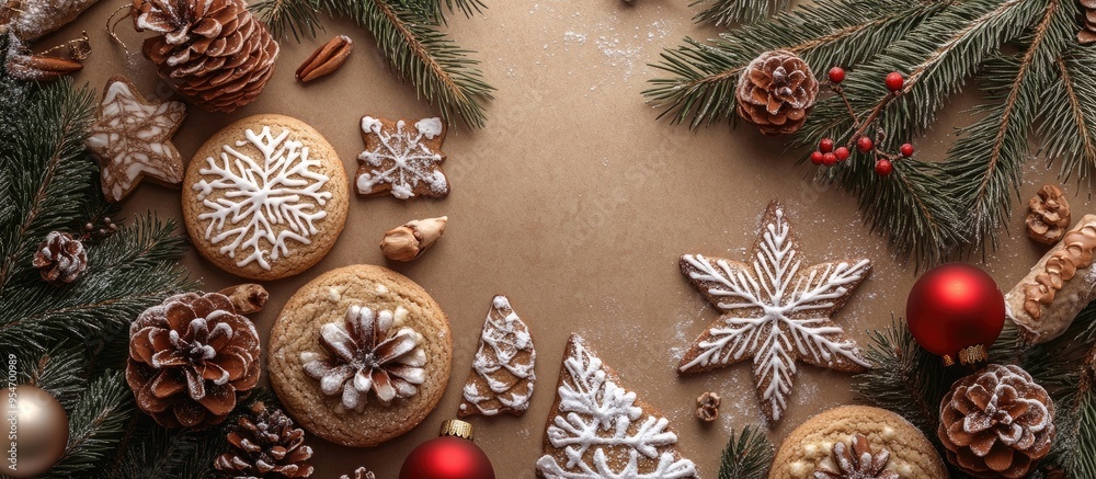 Poster christmas baking theme a selection of cookies fir tree branches and decorations top view copy space
