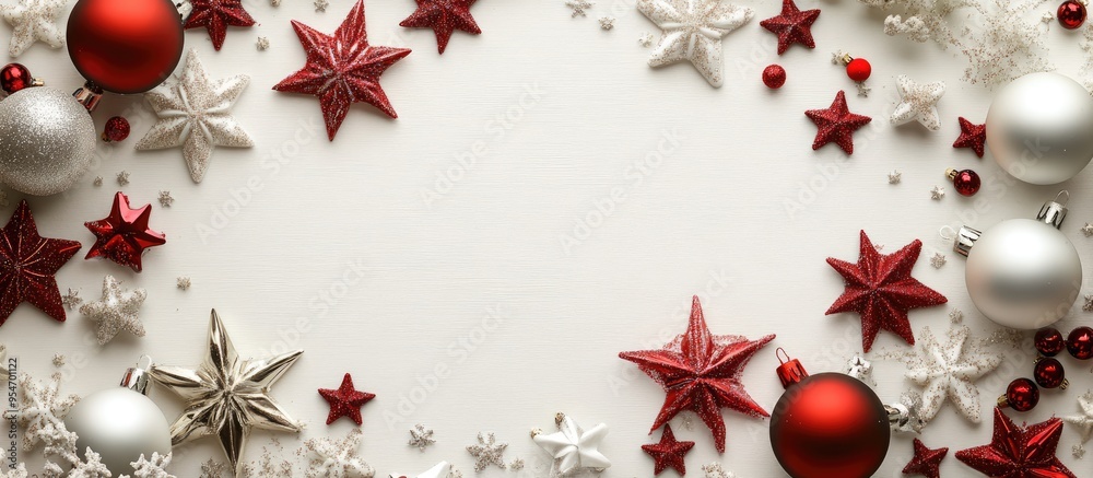 Poster Modern Christmas card featuring stars and ornaments on a light background Top view with copy space