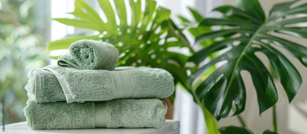 Poster stack of clean towels alongside a plant on the washing machine in the laundry room. with copy space 