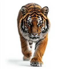 Fototapeta premium A majestic tiger with piercing eyes walks towards the camera, highlighting its powerful presence, Ideal for use in wildlife conservation campaigns, educational materials, and animal-themed marketing,