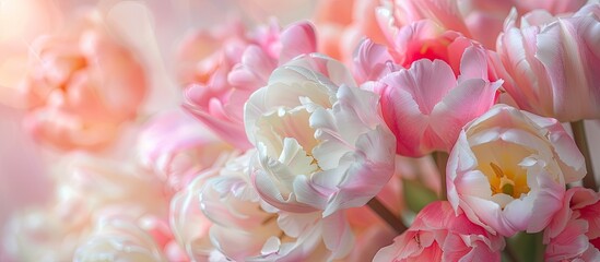 Obraz premium Close up of blooming pink and white tulips with a blurred background. with copy space image. Place for adding text or design