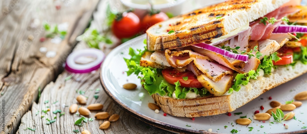 Poster sandwich featuring salad herbs chicken ham red onion seeds and spicy sour cream sauce presented on a