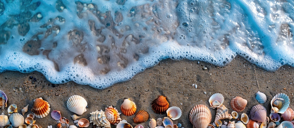 Aufkleber background featuring lovely sand seashells and pebbles on the beach by the sea shore. with copy spac