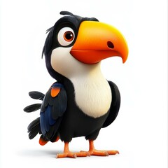 Naklejka premium Cute cartoon toucan with a vibrant beak stands on a white background, perfect for educational materials, children's books, wildlife presentations, and playful design projects,