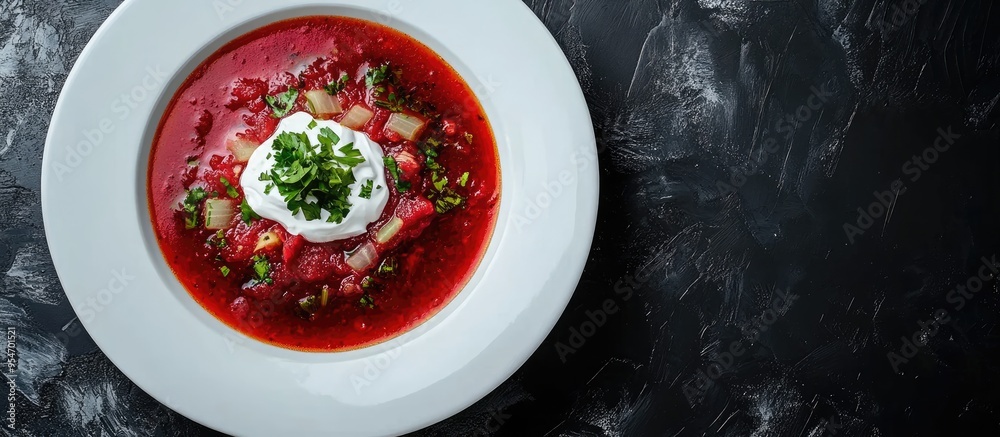 Leinwandbilder close up of a white plate featuring ukrainian borscht topped with sour cream and herbs soup. with co