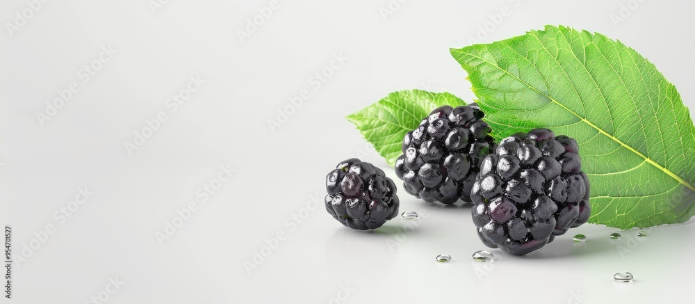 Leinwandbilder Mulberry fruit with a green leaf on a white background. with copy space image. Place for adding text or design