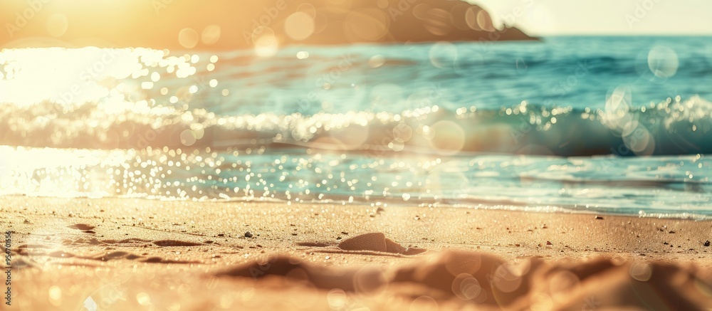 Poster Blurred tropical beach with bokeh sunlight and waves creating an abstract background Copyspace for outdoor summer vacation and travel adventure ideas Vintage tone filter effect color style