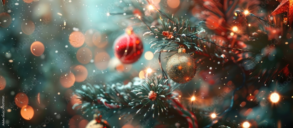 Poster A New Year and Christmas backdrop featuring tree decorations. with copy space image. Place for adding text or design