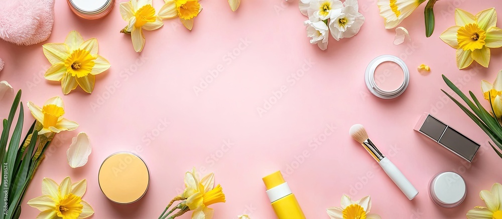 Poster Blank card with a frame of various cosmetics and daffodils on a pink background. with copy space image. Place for adding text or design