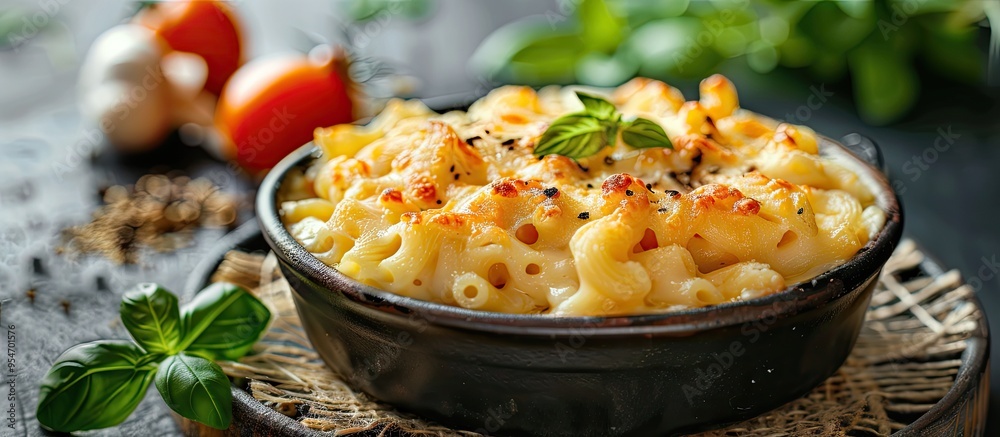 Poster Mac and cheese is a classic American macaroni casserole in a creamy sauce A top view on a dark stone table. with copy space image. Place for adding text or design