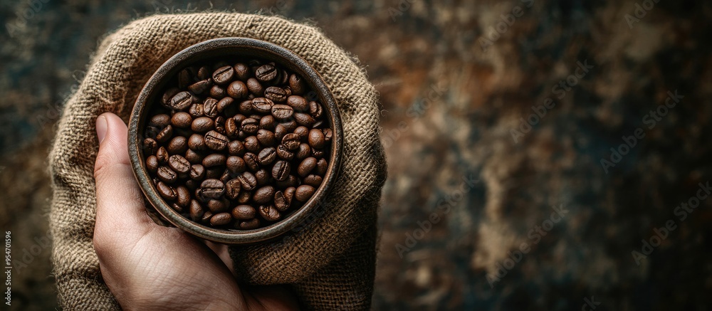 Leinwandbilder a hand holding a coffee cup with coffee beans on a sackcloth background featuring a vintage tone and
