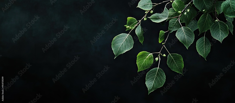 Poster birch leaves on a branch against a dark black background with copy space