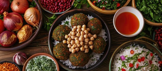 Oriental menu featuring falafel green beans and rice. with copy space image. Place for adding text or design