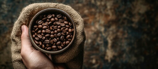 A hand holding a coffee cup with coffee beans on a sackcloth background featuring a vintage tone and light effect. with copy space image. Place for adding text or design