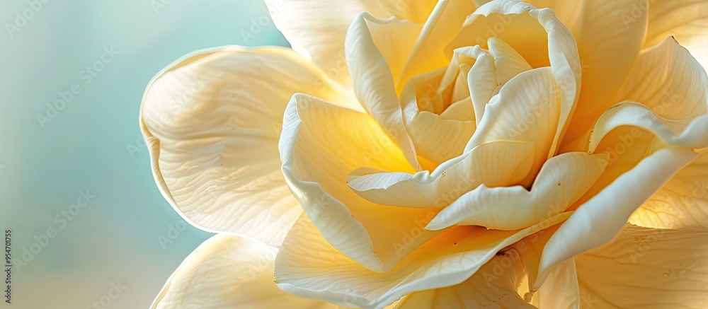 Poster gardenia flower on a yellow background with copy space view from above