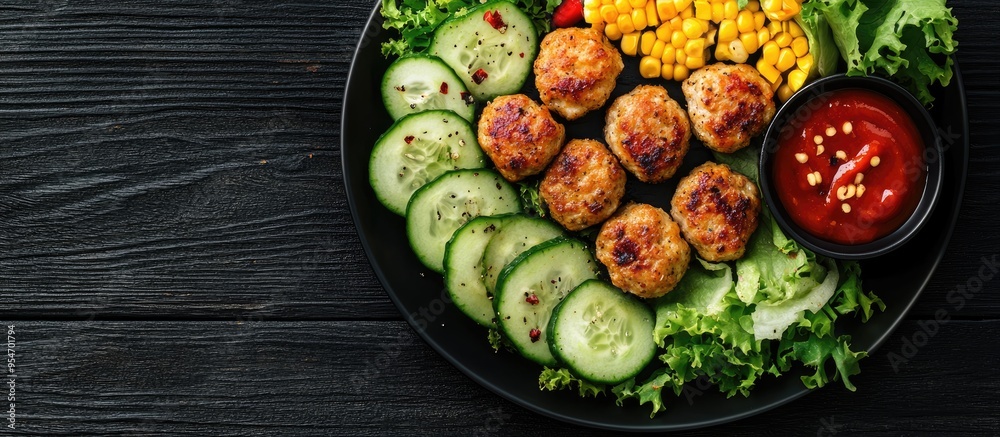 Poster baked chicken meatballs from the oven served with corn on the cob coins sliced cucumber lettuce red 