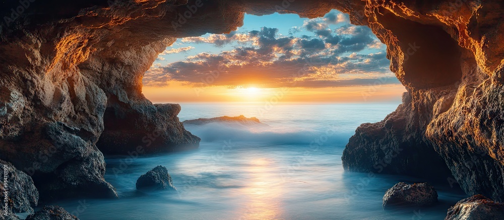 Aufkleber coastal cave arch views showcase a stunning full color sunrise over the ocean a long exposure produc