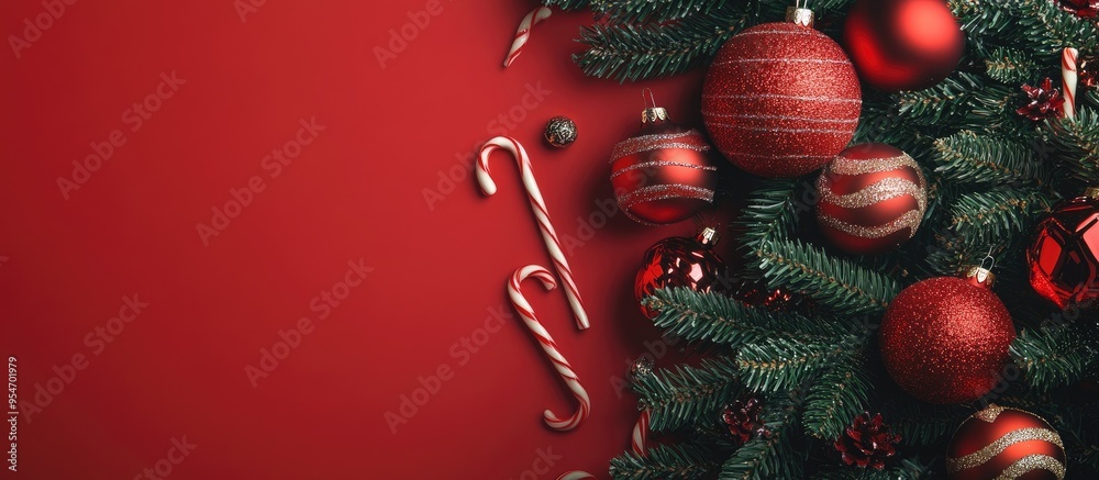 Fototapete Craft background featuring a close up of a Christmas tree and ornaments Empty space for text Red Christmas ornaments spruce branches and cane shaped candies Christmas themed background