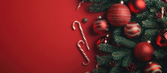 Craft background featuring a close up of a Christmas tree and ornaments Empty space for text Red Christmas ornaments spruce branches and cane shaped candies Christmas themed background