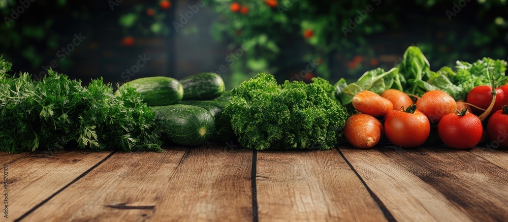 Poster raw vegetables rustic backdrop texture wooden table garden salad. with copy space image. place for a