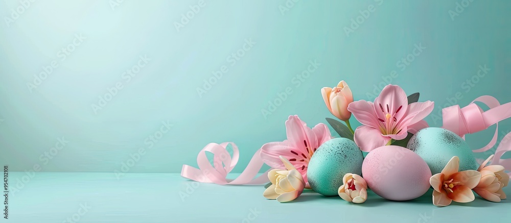Aufkleber Easter egg decorated with flowers An arrangement of Easter food with space for text. with copy space image. Place for adding text or design