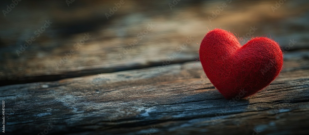 Aufkleber red felt heart on a wooden backdrop perfect for valentine s day. with copy space image. place for ad