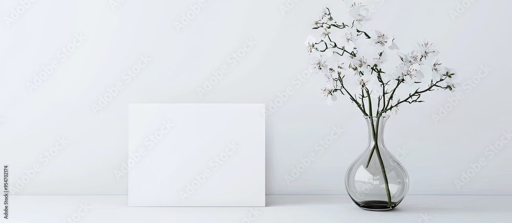 Fototapete glass flower vase and white paper against a white background paper mockups. with copy space image. p