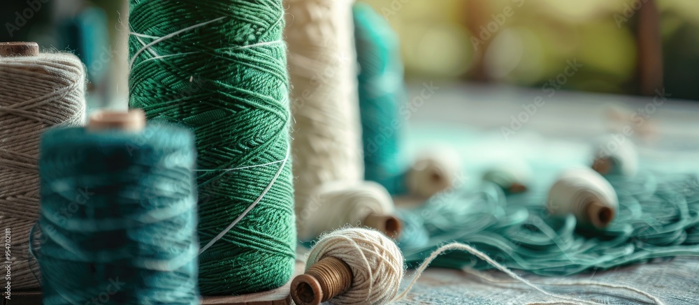 Poster green thread reel on white not isolated. with copy space image. Place for adding text or design