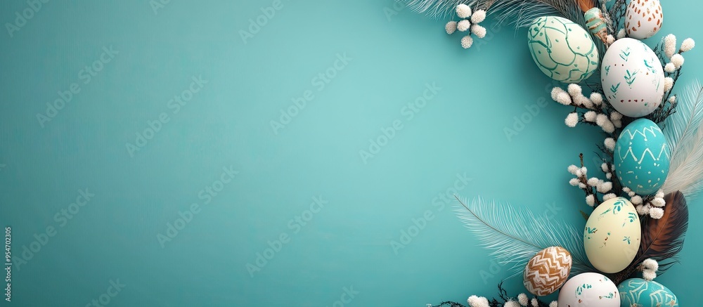 Aufkleber Lovely Easter wreath adorned with eggs and feathers on a green wall. with copy space image. Place for adding text or design