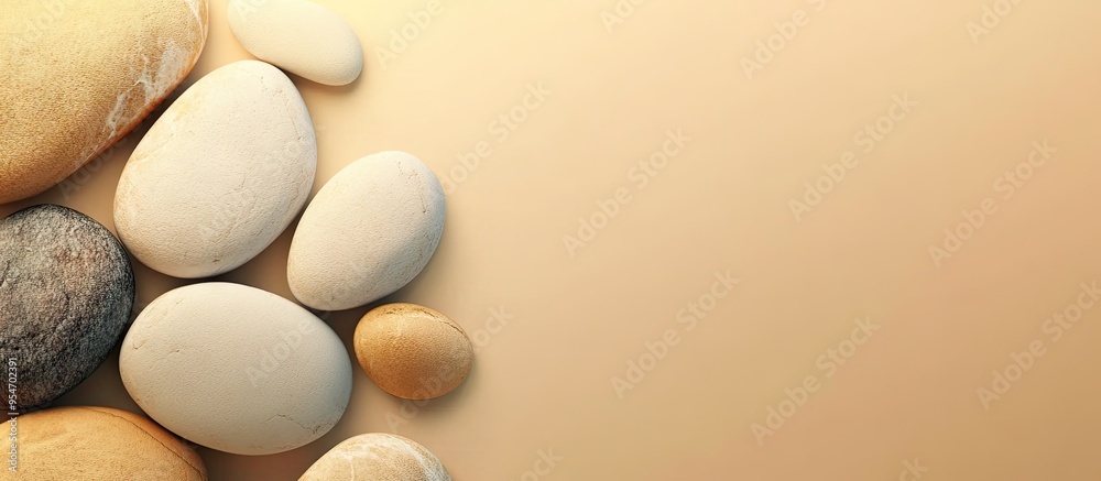 Poster Numerous pebble stones on a beige background. with copy space image. Place for adding text or design