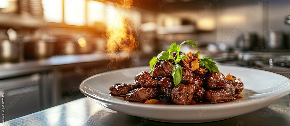 Poster a perspective of a plate of mongolian beef in a restaurant or kitchen environment. with copy space i