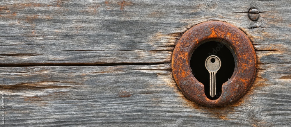 Poster Antique wooden door featuring an old keyhole with a key. with copy space image. Place for adding text or design