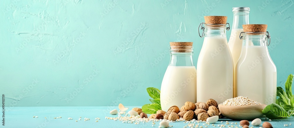 Poster ingredients for creating different plant based lactose free vegan milks alongside bottles of milk se