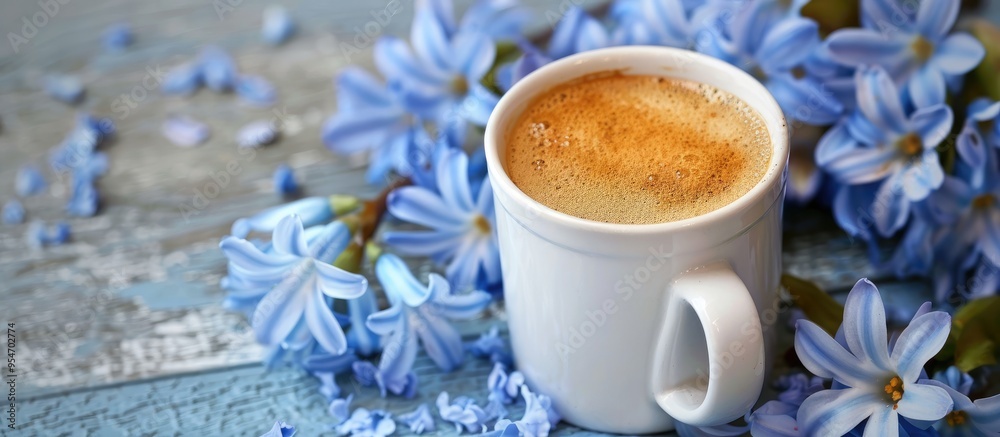 Poster Close up top view of fresh coffee in a cup with blue hyacinth flowers isolated on a white background. with copy space image. Place for adding text or design